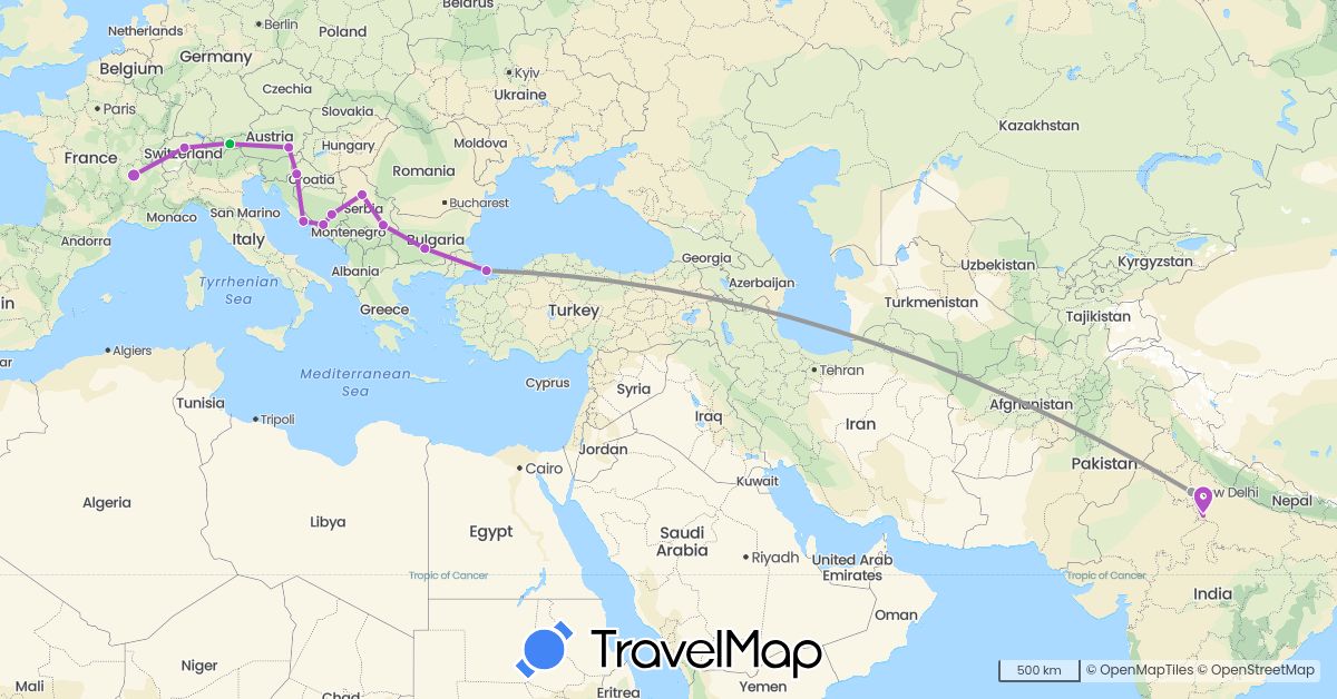 TravelMap itinerary: driving, bus, plane, train in Austria, Bosnia and Herzegovina, Bulgaria, Switzerland, France, Croatia, India, Serbia, Turkey (Asia, Europe)